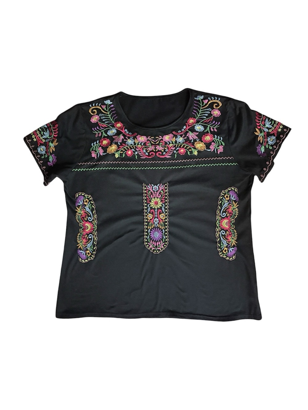 Mexican Embroidered Peasant Blouse Black Floral LG